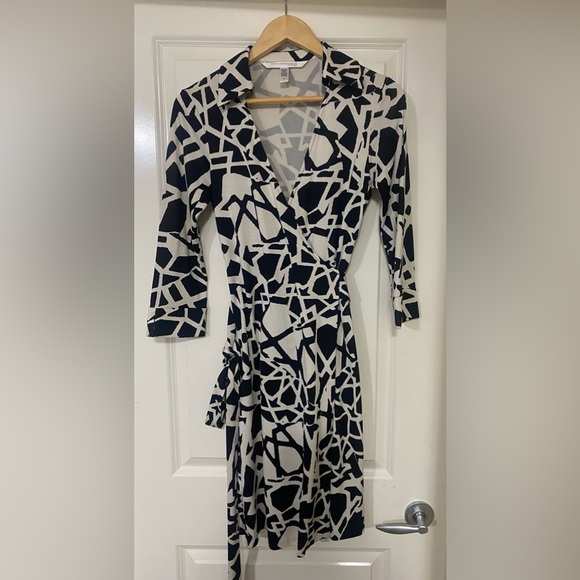 Black and White Asymmetrical Wrap Dress - Picture 1 of 2
